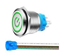 Gebildet 0.87''/22mm Stainless Steel Latching Push Button Switch 12V-24V 5A Power Symbol LED 1NO1NC SPDT ON Off Waterproof Toggle Switch with Wire Socket Plug (Green LED)