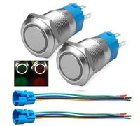 Gebildet 16mm Momentary Push Button with Wire Socket 3A/12-24VDC 1NO 1NC SPDT On Off Metal Waterproof IP65 Self Reset (Red&Green LED)