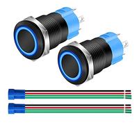 Gebildet 2 pieces 0.47 inch/12mm Metal Black Momentary Push Button 12V-24V 3A LED Normally Open SPST ON OFF Waterproof with Wire Connector (Blue LED)