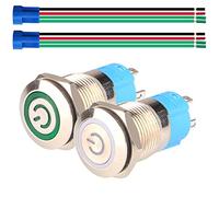 Gebildet 2pcs 0.47"/12mm Stainless Steel Self-locking Latching Push Button Switch 12V-24V 3A Power Symbol LED Normally Open SPST ON Off Waterproof Toggle Switch with Wire Socket Plug (White+Green)