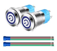 Gebildet 2pcs 0.47''/12mm Stainless Steel Self-locking Latching Push Button Switch 12V-24V 3A Power Symbol LED Normally Open SPST ON Off Waterproof Toggle Switch with Wire Socket Plug (Blue LED)