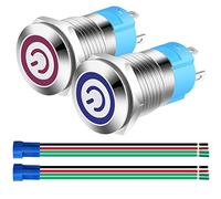 Gebildet 2pcs 0.47"/12mm Stainless Steel Self-locking Latching Push Button Switch 12V-24V 3A Power Symbol LED Normally Open SPST ON Off Waterproof Toggle Switch with Wire Socket Plug (Blue+Red)