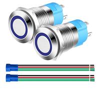 Gebildet 2pcs 0.47 Inch/12mm Stainless Steel Momentary Push Button 12V-24V 3A LED Normally Open SPST ON Off Waterproof with Wire Socket Plug (Blue LED)