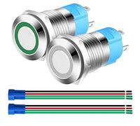 Gebildet 2pcs 0.47 Inch/12mm Stainless Steel Momentary Push Button 12V-24V 3A LED Normally Open SPST ON Off Waterproof Button with Wire Socket Plug (White+Green,Each Color 1pc)
