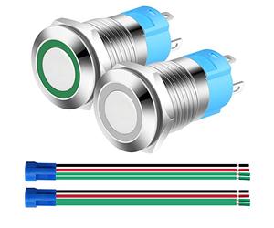 Gebildet 2pcs 0.47 Inch/12mm Stainless Steel Momentary Push Button 12V-24V 3A LED Normally Open SPST ON Off Waterproof Button with Wire Socket Plug (White+Green,Each Color 1pc)