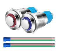 Gebildet 2pcs 0.47 Inch/12mm Stainless Steel Momentary Push Button 230V AC 3A LED Normally Open SPST ON Off Waterproof Button with Wire Socket Plug (Blue+Red,High Head)