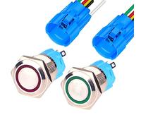 Gebildet 2pcs 0.63 Inch/16mm Stainless Steel Momentary Push Button 12V-24V 5A LED 1NO1NC SPDT ON Off Waterproof with Wire Socket Plug(Red +Green LED)