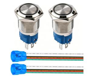 Gebildet 2pcs 0.63 Inch/16mm Stainless Steel Momentary Push Button 12V-24V 5A LED 1NO1NC SPDT ON Off Waterproof with Wire Socket Plug(Red +Green LED)