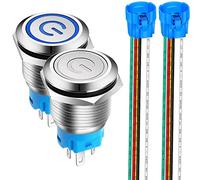Gebildet 2pcs 0.75''/19mm Stainless Steel Latching Push Button Switch 12V-24V 5A Power Symbol LED SPDT ON Off Waterproof Toggle Switch with Wire Socket(Blue + White LED)