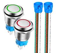 Gebildet 2pcs 0.75 Inch/19mm Stainless Steel Momentary Push Button 12V-24V 5A LED 1NO1NC SPDT ON Off Waterproof with Wire Socket Plug (Red + Green LED)