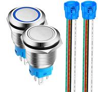 Gebildet 2pcs 0.75 Inch/19mm Stainless Steel Momentary Push Button 12V-24V 5A LED 1NO1NC SPDT ON Off Waterproof with Wire Socket Plug(Blue + White LED)