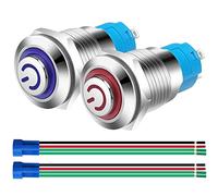 Gebildet 2pcs 12mm 230V AC 3A Stainless Steel Self-locking Latching Push Button Switch Power Symbol LED Normally Open SPST ON Off Waterproof Toggle Switch with Wire Socket Plug (Blue+Red,High Head)