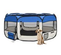 Gecheer Foldable Dog Playpen with Carrying Bag, 145x145x61 cm, Sturdy Steel Frame, Mesh Roof & Side Nets for Ventilation, Blue and Cream, Ideal for Training, Sleeping, Play at Home or Travel 171016
