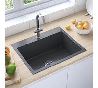 Gecheer Handmade Kitchen Sink Inset Overmount Single Bowl Stainless Steel Kitchen Sink Modern Style Deep Basin Black 6