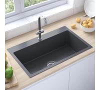 Gecheer Handmade Kitchen Sink Inset Overmount Single Bowl Stainless Steel Kitchen Sink Modern Style Deep Basin Black 14