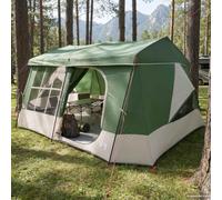 Gecheer Large 9-Person Family Camping Tent with Rainfly, Water-Resistant 185T Polyester, 3 Rooms, 3 Doors, 9 Windows, Army Green, 433x420x224 cm 42042249