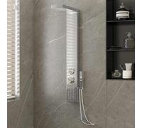 Gecheer Stainless Steel Shower Panel System 4-Function Rainfall Waterfall Massage Jets Handheld Showerhead Brushed Finish Silver 150 Silicon Nozzles 15x47x114cm 151414
