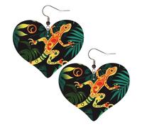 Gecko and tropical leaves Leather Earrings for Women Heart Earring Lightweight Dangle Earrings Jewelry Gifts