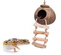 Gecko Coconut Husk Hut, Bird Hut Nesting House Hideouts with Ladder, Coco Texture Provide Food, Durable Cave Habitat with Hanging Loop for Leopard Gecko, Reptiles, Amphibians and Small Animals