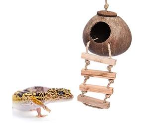 Gecko Coconut Husk Hut, Bird Hut Nesting House Hideouts with Ladder, Coco Texture Provide Food, Durable Cave Habitat with Hanging Loop for Leopard Gecko, Reptiles, Amphibians and Small Animals