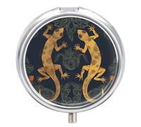 Gecko Lizards Travel Pill Box Case 3 Compartment Cute Pill Organizer Metal Pill Holder with Mirror Small Medicine Organizer Daily Pill Container for Purse Pocket Portable Meds Box