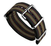 Geckota Vintage Bond 1973 British Military Nylon Mens Replacement Watch Strap. Dark Blue, Red and Olive Green Stripes. Rugged, Quick-Drying and Secure Wristwatch Strap. Polished Buckle, 18 mm