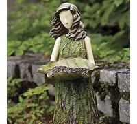 GECOKU 2 in 1 Tree Stump Shaped Maiden Statue Bird Feeder Sherwood Fern Fairy Statuary Leaf-shaped Birdseed Holder Plystone Hand Craft Weatherproof Sculpture 3.9 x 11.8 Inch