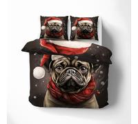 GEDAEUBA Christmas Pug Duvet Cover King Size Bedding Sets - Dog Reversible Patterned Quilt Cover Set 3 pcs with Zipper Closure and 2 Pillowcases 50x75 cm, Easy Care Soft Brushed Microfiber Bed Set