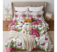 GEDAEUBA Pink Rose and Butterfly Duvet Super King Size 10.5 Tog | Rustic Wooden Coverless Duvet Super King Size, Soft Lightweight All Seasons Quilt and Pillowcases, Machine Washable