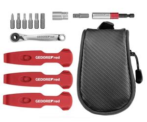 GEDORE red Bicycle Tool kit for Touring, Bike Tool 13 Pieces, Tyre Change, Bits, Ratchet, Adapter, Socket, Repair kit with Saddle Bag