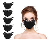 Geduochn 5PC Women Girls Lace Black_Mask With Flower Embroidery Adjustable Earloops Breathable 2 Layers For Beauty Skin Care