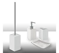 Gedy Queenstown 4 Pieces, 1 Solid Door, 1 Toilet Brush, 1 Soap Dispenser, 1 Bathroom Toothbrush Holder, Eco-Friendly Ceramic Set, White Finish, R&D Design, 2 Year Warranty, Unique