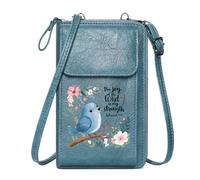 GEEADNB Customized Phone Bags PU Leather Phone Purse Blue Songbird Whimsical Art Floral Elements Travel Rfid Safe Long Purse for Gift