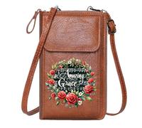 GEEADNB Personalized Small Bags with Pocket Zip Around Credit Card Bags Amazing Grace Musical Notes Floral Wreath PU Leather Phone Purse Elegant Gift for Mother's Day