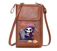 GEEADNB PU Leather Phone Purse Zipper Womens Wallet Whimsical Contrast Coffee Cup Grim Reaper Printed Gift Leather Purse for Lover