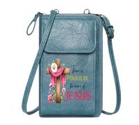 GEEADNB RFID Blocking Zipper Phone Wallet Personalized Small Bags with Pocket POWER IN JESUS Pink Flowers Wooden Cross Cute Stylish Elegant Accessory