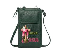 GEEADNB RFID Blocking Zipper Phone Wallet Personalized Small Bags with Pocket POWER IN JESUS Pink Flowers Wooden Cross Cute Stylish Elegant Accessory