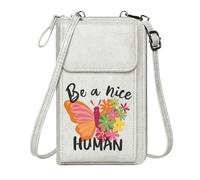 GEEADNB Women Leather Crossbody Purse Personalized Crossbody Wallets Be a nice HUMAN Vibrant Butterfly Colorful Flowers Adjustable Strap Long Purse for Gift