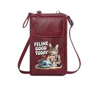GEEADNB Zip Around Credit Card Bags Cell Phone Purse with Zipper Tabby cat Whimsical style Coffee cup Perfect for Teacher's Day Leather Purse for Lover
