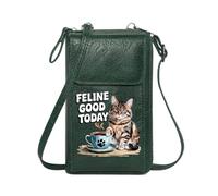 GEEADNB Zip Around Credit Card Bags Cell Phone Purse with Zipper Tabby cat Whimsical style Coffee cup Perfect for Teacher's Day Leather Purse for Lover