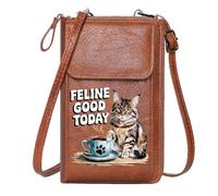 GEEADNB Zip Around Credit Card Bags Cell Phone Purse with Zipper Tabby cat Whimsical style Coffee cup Perfect for Teacher's Day Leather Purse for Lover