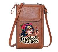 GEEADNB Zip Around Credit Card Bags Women Leather Crossbody Purse Chaos Day of the Dead Lipstick Adjustable Strap Graduation Student