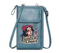GEEADNB Zip Around Credit Card Bags Women Leather Crossbody Purse Chaos Day of the Dead Lipstick Adjustable Strap Graduation Student