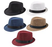 Geebuzz 5 Pack Short Brim Fedora Classic Summer Beach Sun Hat Panama Cap for Men Women (Medium, 5pack-Black+White+Khaki+Blue+Wine Red)