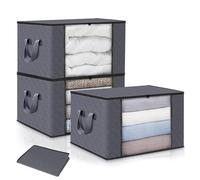 Geebymol 3 Pack 90L Clothes Storage Bags Large Storage Box with Lid Packing Boxes for Moving House with Reinforced Handle Thick Fabric Clear Window for Clothes Duvet Blankets Bedding, Grey