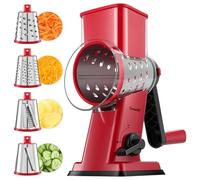 Geedel Cheese Grater, Vegetable Slicer with 4 Interchangeable Blades, Graters for Kitchen, Faster Cutting, Non-Slip Base, Rotary Drum Grater Ideal for Cheese, Cucumber, Carrot, Nuts, etc. Red