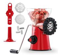 Geedel Meat Grinder, 4 in 1 Meat Mincer Manual for Meat Sausages Churros and Puff Pastry, Sausage Meatball Maker with Powerful Suction Base, Mincer Machine for Home Use, Easy and Fast (Red)