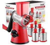 Geedel Rotary Cheese Grater, Vegetable Slicer, Kitchen Grater for Fast and Easy Cutting, Rotary Drum Grater Ideal for Cheese, Veg, Nuts, Chocolate, etc. (5 Blades) Black Red, 10.24 x 4.92 x 9.37in