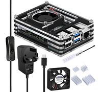GeeekPi Raspberry Pi 4 Acrylic Case with 30mm Fan, 4PCS Heatsinks and 5V 3.6A USB-C Power Supply UK Power Adapter for Raspberry Pi 4 Model B