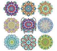 GEEHEIY 8 Pcs Mandala Diamond Art Coasters Kit with Holder, DIY 5D Diamond Painting Coasters for Adults, Colourful Mandala Gem Art Craft Kit with Cork Backing for Home Decor, Housewarming Gift